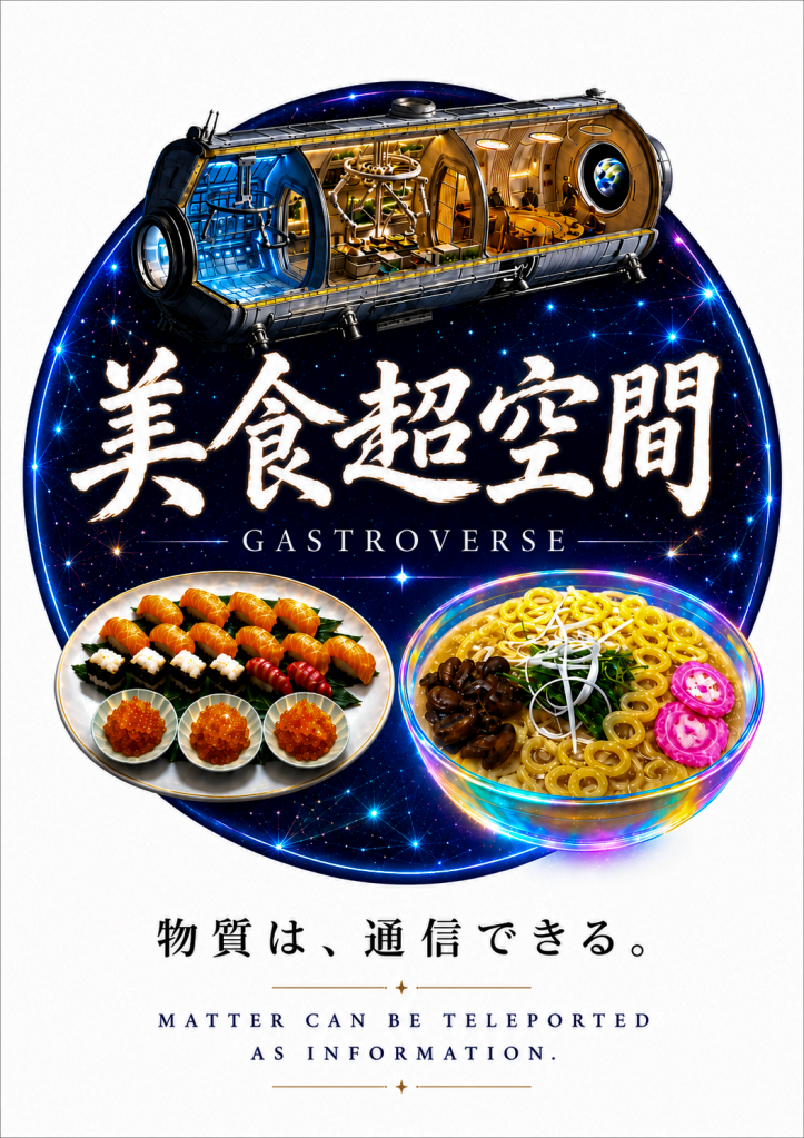 GASTROVERSE concept illustration featuring a spacecraft, sushi and ramen, with the message: Matter can be teleported as information.