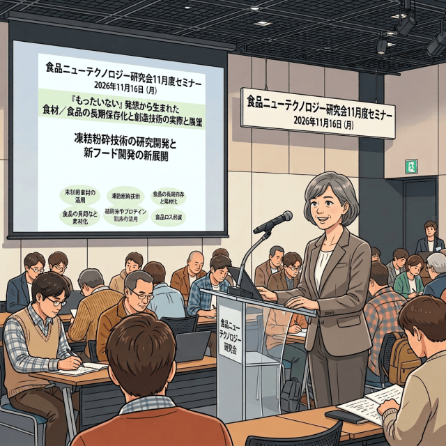 Professor presenting at 食品ニューテクノロジー研究会11月度セミナー, 2026年11月16日（月）; slide announces frozen powder technology and new food development.